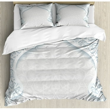 Pale Blue Duvet Cover Set Queen Size, Arabesque Style Arched Royal Persian Figure with Floral Cultural Graphic Design, Decorative 3 Piece Bedding Set with 2 Pillow Shams, Pale Blue, by Ambesonne