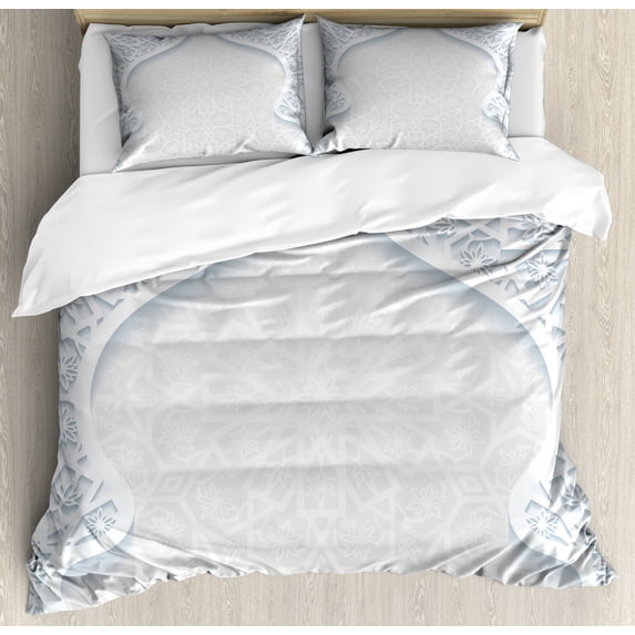 Pale Blue Duvet Cover Set Queen Size, Arabesque Style Arched Royal Persian Figure with Floral Cultural Graphic Design, Decorative 3 Piece Bedding Set with 2 Pillow Shams, Pale Blue, by Ambesonne