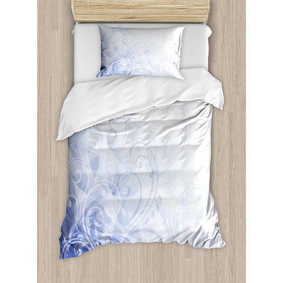 Pale Blue Duvet Cover Sets, Abstract Curled Leaves Natural Flower Arrangement, Bedding Set with 2 Duvet Covers & 2 Pillowcases, 2 Pack Twin Size, Violet Blue Pale Blue, by Ambesonne