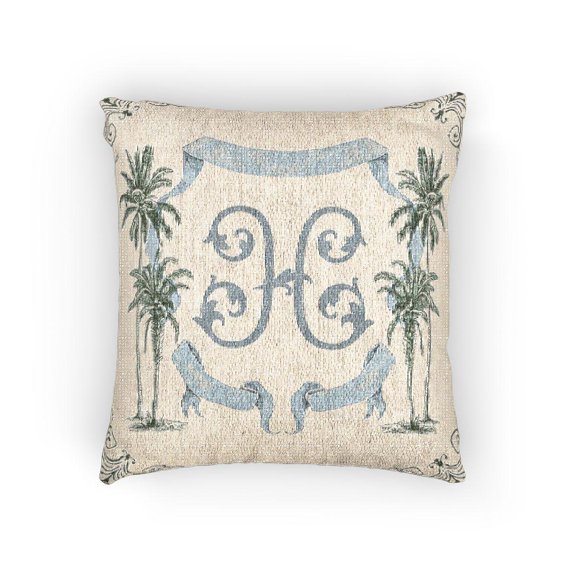 Pale Blue H Monogram with Dolphins and Palm Trees Decorative Woven Pillow, Cotton-Polyester Shell, Coastal Style