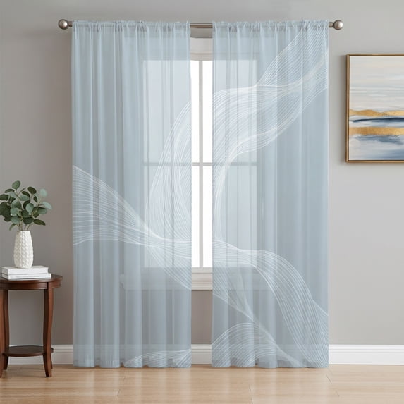 Pale Blue Line Art Sheer Curtains 63 Inches Long, Modern Abstract Art Luxury Light Filtering Window Curtains for Living Room/Bedroom, Rod Pocket Voile Sheer Curtain Drapes, 52"W x 63"L, 2 Panels