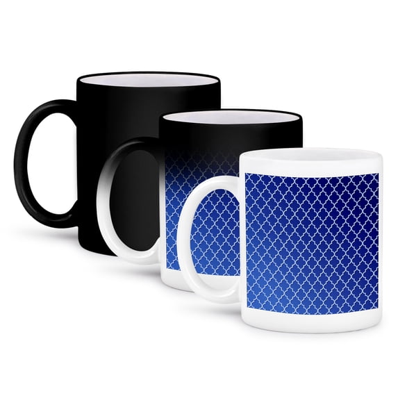 3dRose, Pale Blue Quatrefoil Trellis Pattern on Blue Tonal Background, 11oz Magic Transforming Mug