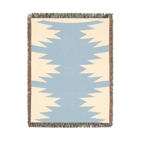 Pale Blue and White Stepped Zigzag Woven Blanket, 100% Cotton, Geometric Home Accent