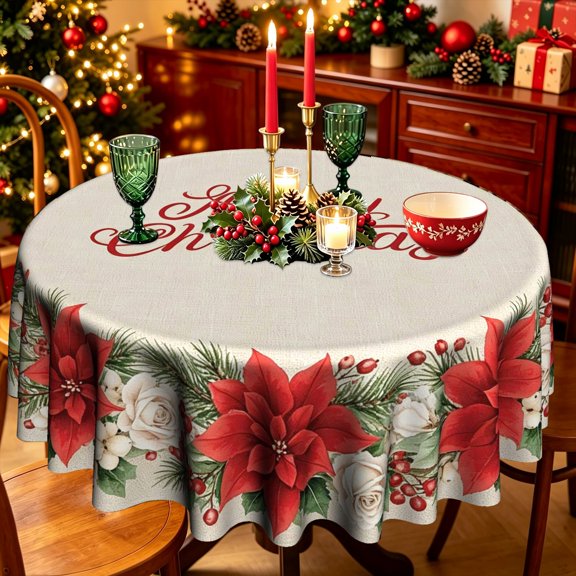 Pale Cream Base Red Poinsettia Holly Leaf Cursive Merry Christmas Polyester Round Tablecloth,35/50/60/70 inch,Dining Table Holiday Party Decor