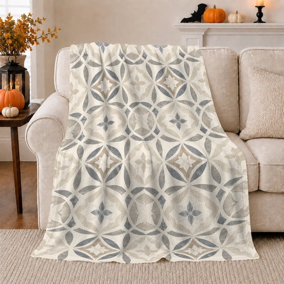 Pale Gray Tile Medallion with Cream Lines, Elegant Geometric Style for Neutral Decor Fans, Mandala Pattern and Housewarming Gift, Cozy Flannel Blanket, Home Decor