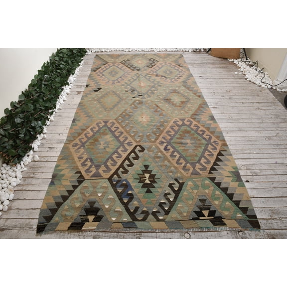 Pale Kilim, Turkish Kilim, 5.1x11.1 ft, Handmade Kilim, Aztec Kilim, Oushak Kilim,Nomadic Kilim,Geometric Kilim,Vintage Ethnic Kilim, 7417