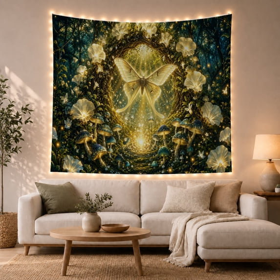 Pale Moth Within a Floral Vine Arch, Dreamy Fantasy for Nature Lovers, Moth and Mushroom Art, Housewarming Gift, Tapestry Wall Hanging for Bedroom and Living Room