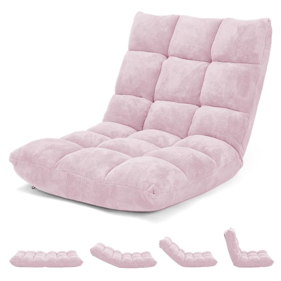 Pale Pink 14-Position Folding Floor Chair With Soft Fleece Upholstery For Reading, Gaming, Or Relaxing
