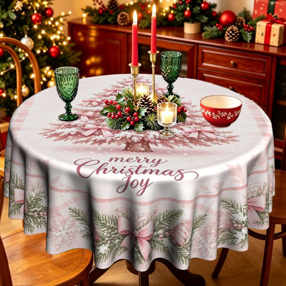 Pale Pink Base Snow dusted Pine Tree Merry Christmas Joy Cursive Text Polyester Round Tablecloth,35/50/60/70 inch,Dining Table Holiday Party Decor