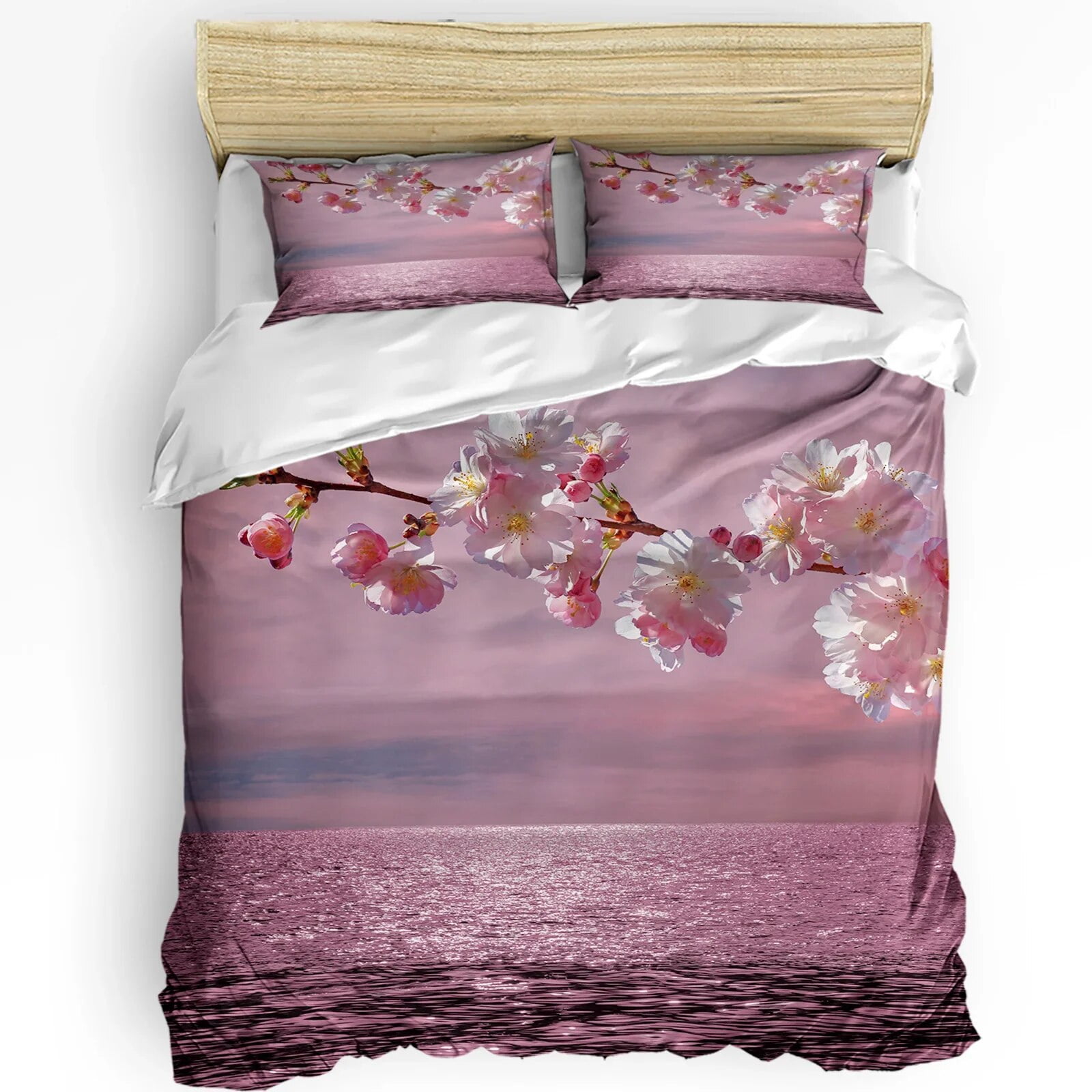 Pale Pink Bedding Set For Bedroom Bed Home Japanese Cherry Blossom Sakura Tree with Roman Duvet