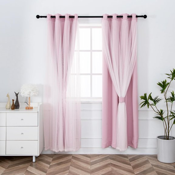 Pale Pink Blackout Curtains with Sheer Overlay - Grommet Top Thermal and Noise Reduction Panels for Bedroom and Living Room Light Blocking and Energy Saving, 52 x 108 Inches, Set of 2