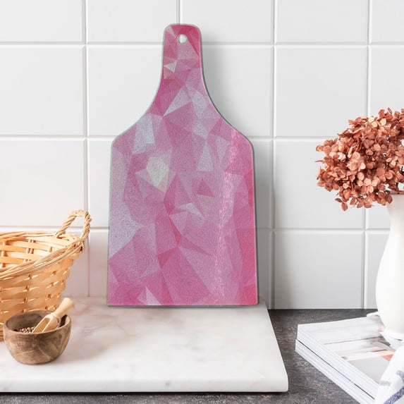 Pale Pink Cutting Board, Abstract Mosaic Style Geometric Dimension Fractal Polygonal Illustration, Tempered Glass Cutting and Serving Board, Wine Bottle Shape, Magenta Fuchsia, by Ambesonne