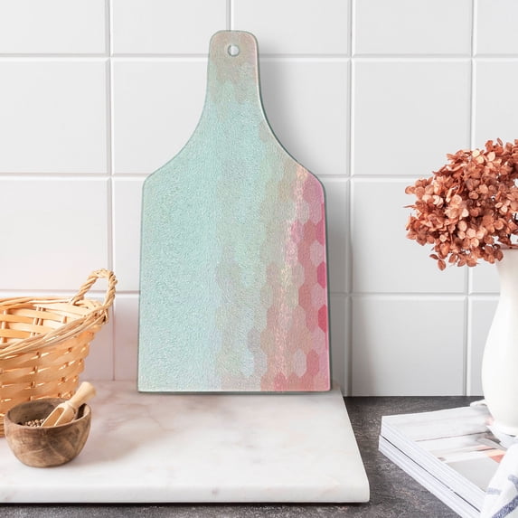 Pale Pink Cutting Board, Gradient Toned Geometric Digital Abstract Hexagon Modern Display, Decorative Tempered Glass Cutting and Serving Board, Wine Bottle Shape, Coral Peach, by Ambesonne