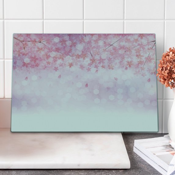 Pale Pink Cutting Board, Sakura Branches with Blooming Florets Garden Nature Summer Inspiration Art, Decorative Tempered Glass Cutting and Serving Board, Large Size, Pale Pink White, by Ambesonne