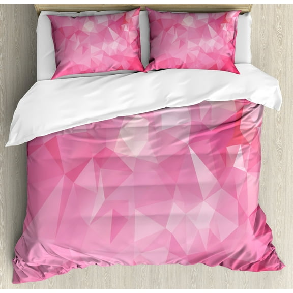 Pale Pink Duvet Cover Set, Abstract Mosaic Style Geometric Dimension Fractal Polygonal Illustration, Decorative 3 Piece Bedding Set with 2 Pillow Shams, King Size, Magenta Fuchsia, by Ambesonne