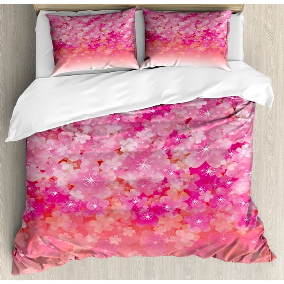 Pale Pink Duvet Cover Set Queen Size, Cherry Blossom Tree Flowers in Vibrant Tones Spring Beauty Illustration Japan, Decorative 3 Piece Bedding Set with 2 Pillow Shams, Pink Pale Pink, by Ambesonne
