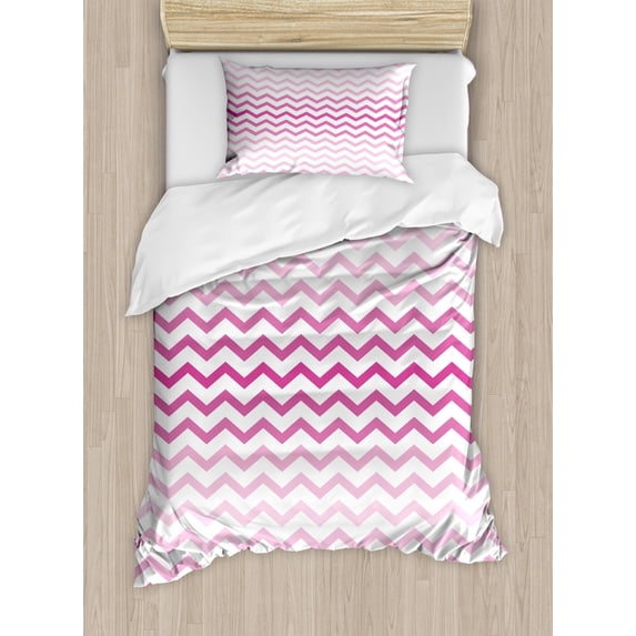 Pale Pink Duvet Cover Set Twin Size, Chevron Zigzag Pattern with Twisted Parallel Lines in Vibrant Tones Graphic, Decorative 2 Piece Bedding Set with 1 Pillow Sham, Magenta White, by Ambesonne