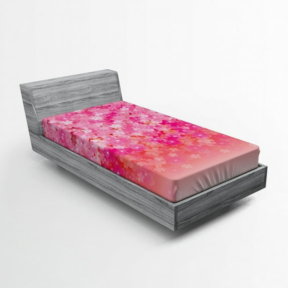 Pale Pink Fitted Sheet, Cherry Blossom Tree Flowers in Vibrant Tones Spring Beauty Illustration Japan, Soft Decorative Fabric Bedding, Twin Size, Pink Pale Pink, by Ambesonne