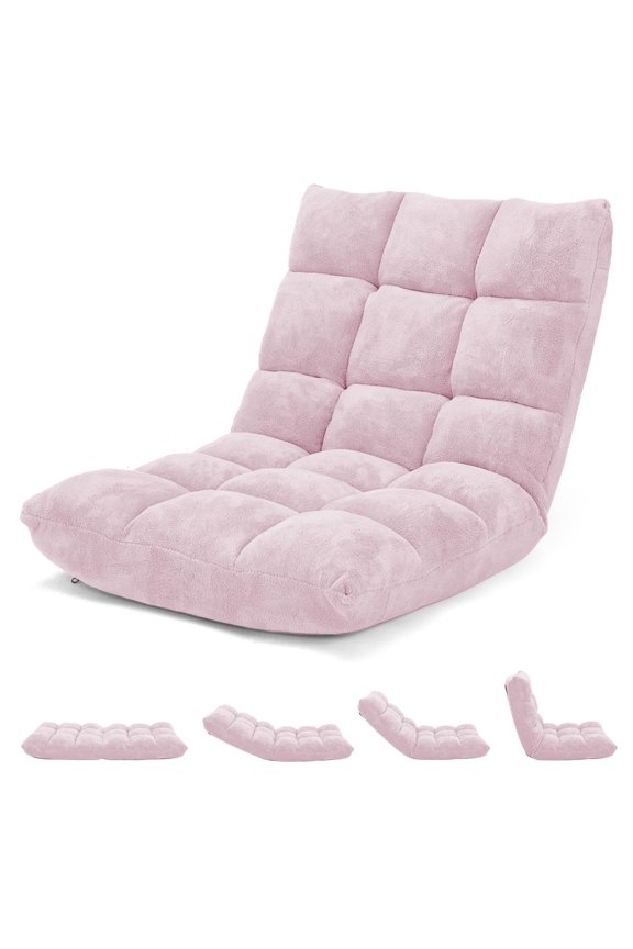 Pale Pink Fleece 14-Position Folding Lazy Sofa Chair, Reclining Floor Seat