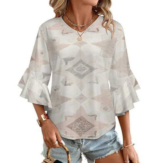 Pale Pink Geometric Tile Pattern Women's V-Neck Blouse With 3/4 Ruffled Bell Sleeves Casual Top Ladies Blouses