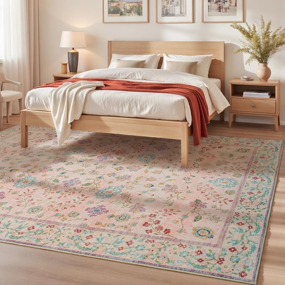 Pale Pink Living Room Rug 5x7, Floral Washable Area Rug Non Slip, Boho Low Pile Carpet with Rubber Backing for Bedroom Kitchen Bathroom Playroom Entryway Office