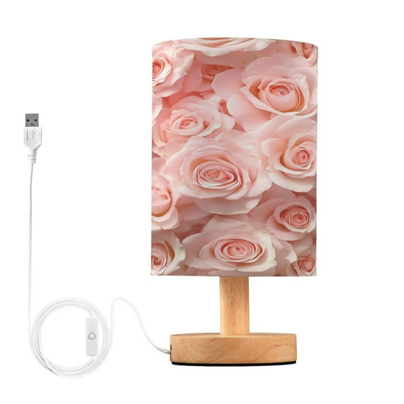Pale Pink Rose Sea Small Lamp Printed Gifts Table Lamp USB Bedside Desk Nightstand Lamp Wood Base for Bedroom Living Room Office Desk College Dorm