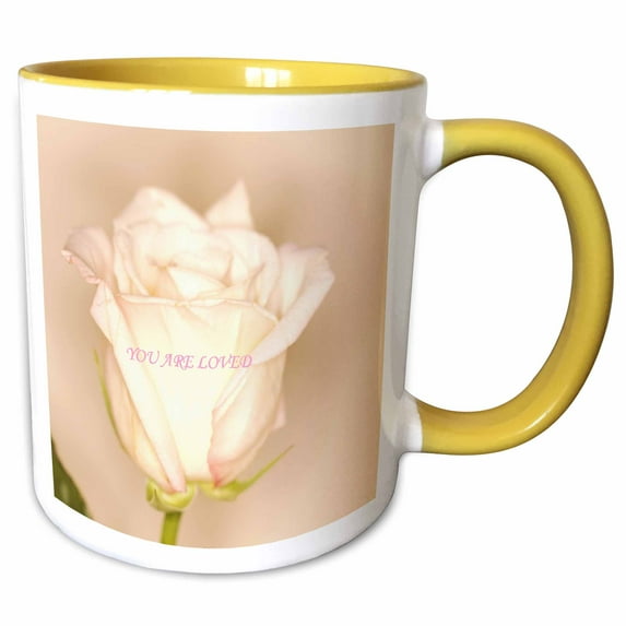 3drose, Pale Pink Rosebud with You Are Love Inscribed, 15oz Two-tone Yellow Mug