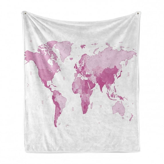 Pale Pink Soft Flannel Fleece Throw Blanket, World Map Continents Island Land Pacific Atlas Europe America Africa, Cozy Plush for Indoor and Outdoor Use, 50" x 60", White Pale Pink, by Ambesonne