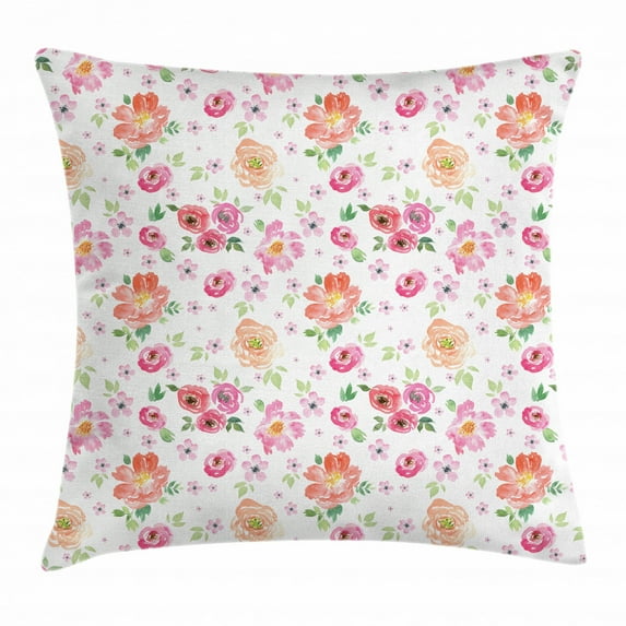 Pale Pink Throw Pillow Cushion Cover, Watercolor Style Rural Meadow Floral Pattern Inspired by Fresh Spring Nature, Decorative Square Accent Pillow Case, 24 X 24 Inches, Multicolor, by Ambesonne