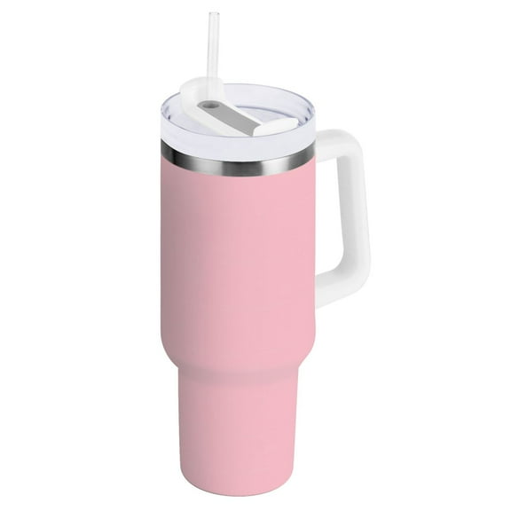 Pale Pink Tumbler with Handle and Straw Lid 40 oz Insulated Vacuum Water Bottle Stainless Steel Travel Cup