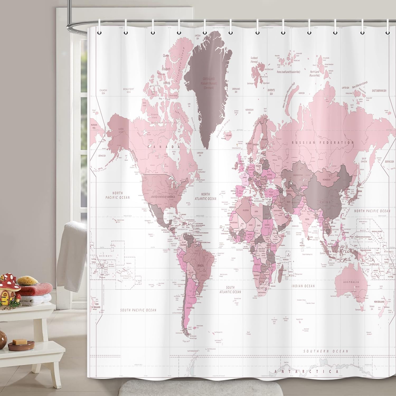 Pale Pink World Map Shower Curtain Set, World Map Continents Island ...