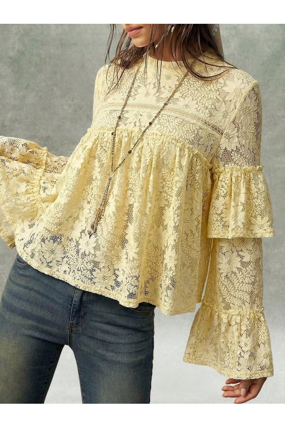 Pale Yellow Boho Lace Round Neck Flare Sleeve Ruffle Hem Blouse For Women