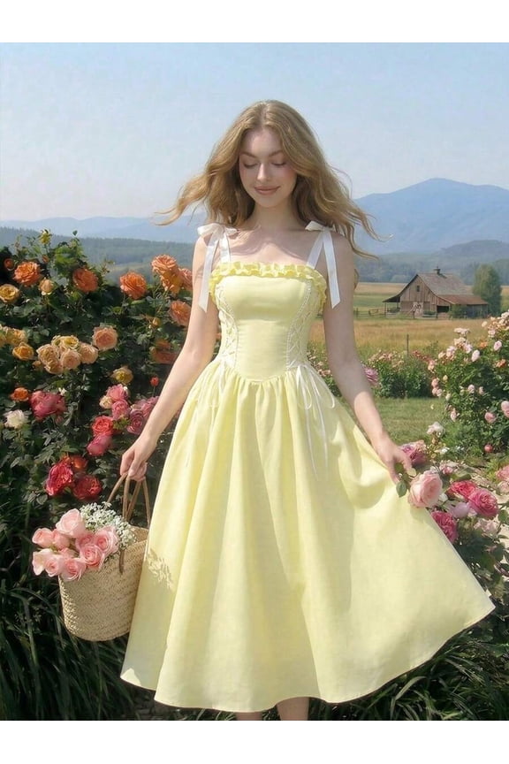 Pale Yellow Bowknot Strap Floral Print A-Line Long Dress For Summer Graduation Modest Occasion Wear