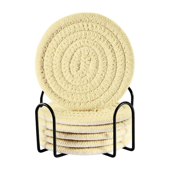 Pale Yellow Coasters with Holder for Coffee Table 6 Pcs Drink Coaster Sets Absorbent for Home Decor 4 inch