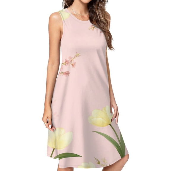 Pale Yellow Flowers Pink Background Spring Summer Dresses For Women Fashion Dress Casual Sleeveless Loose Sundress With Pockets