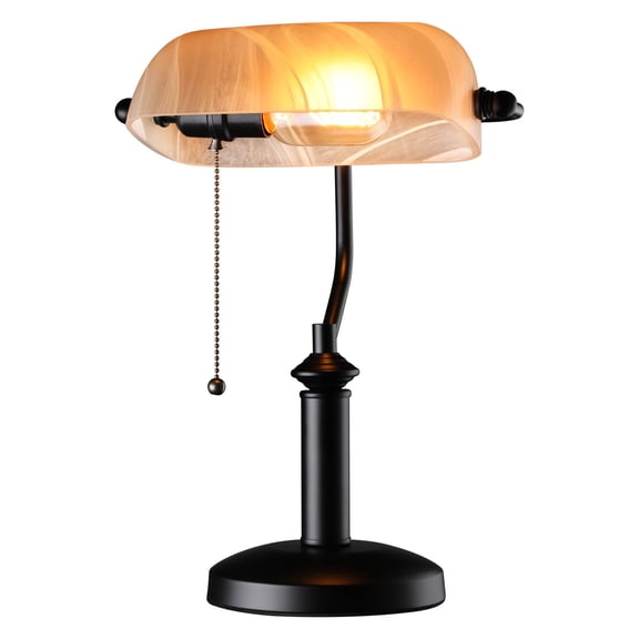 Pale Yellow Glass Bankers Desk Lamp  Antique Lamps With Uniquely Textured Traditional Library Pull Chain E26 Base For Office Study Room