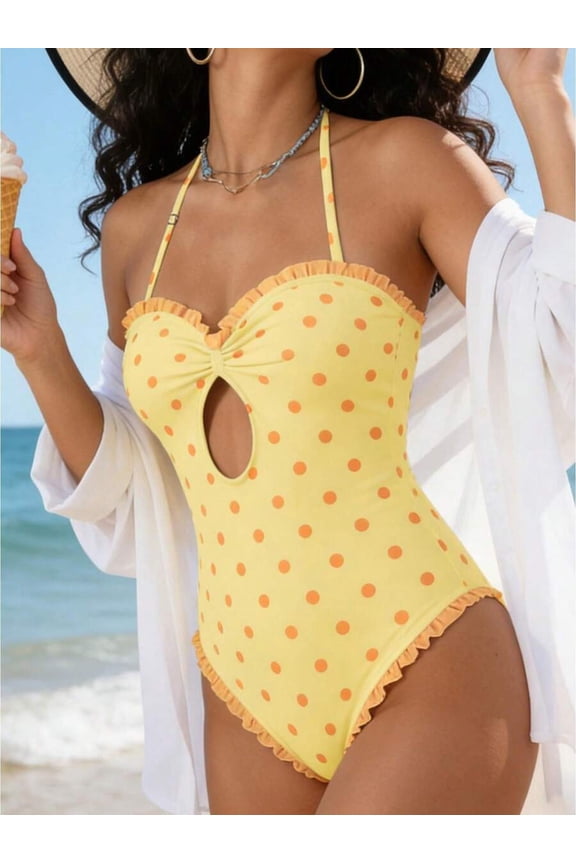 Pale Yellow Halter Monokini With Polka Dot Print, Ruffle Trim And Keyhole Cutout