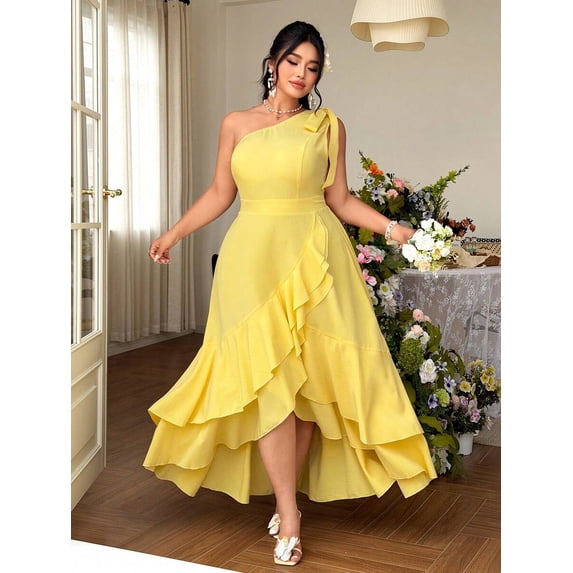 Pale Yellow Plus Size One-Shoulder A-Line Dress With Ruffle Hem And Tie Waist For Formal Evening Events