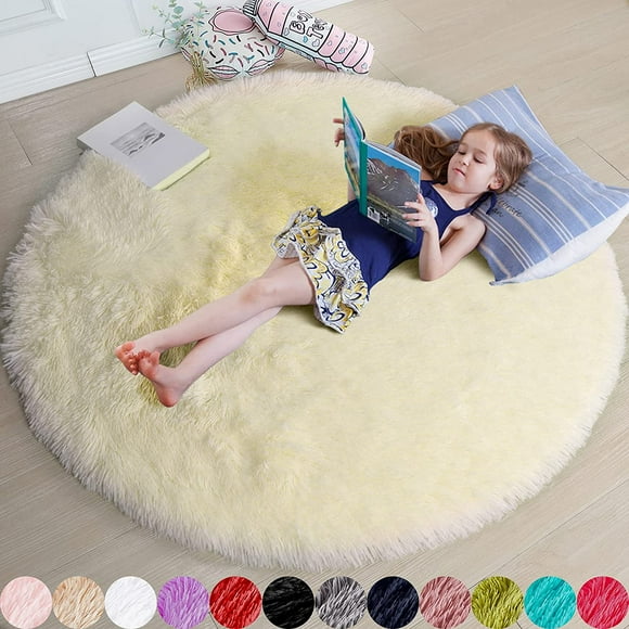 Pale Yellow Round Rug for Bedroom.Fluffy Circle Rug 4'X4' for Kids Room.Furry Carpet for Teen Girls Room.Shaggy Circular Rug for Nursery Room.Plush Rug for Dorm.Cute Room Decor for Baby