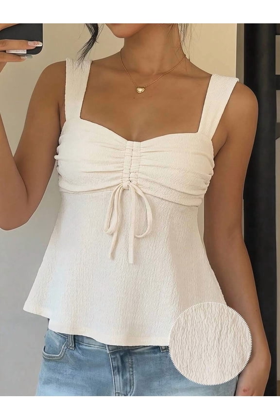 Pale Yellow Ruched Drawstring Front Thick Strap Peplum Tank Top For Women