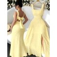 thumbnail image 1 of Pale Yellow Square Neck Sleeveless Textured Knit Maxi Dress With Open Back Bowknot, Elegant Fitted Party Gown, 1 of 8