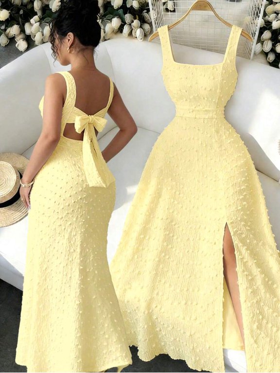 Pale Yellow Square Neck Sleeveless Textured Knit Maxi Dress With Open Back Bowknot, Elegant Fitted Party Gown