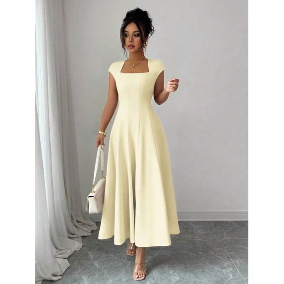 Pale Yellow Womens Square Neck Cinched Waist A-Line Midi Dress For Spring Summer Casual Vacation