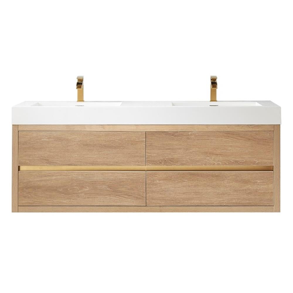 Palencia 60" Oak Double Sink Wall-Mount Vanity with White Top