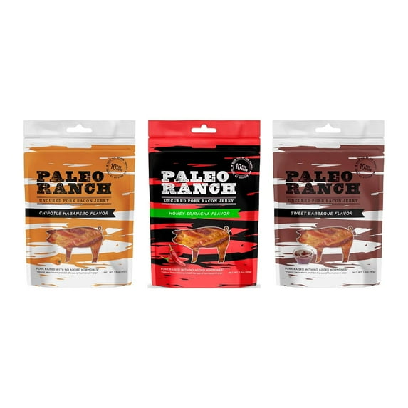 Paleo Ranch Bacon Jerky Variety Pack, Sweet BBQ, Chipotle Habanero, Honey Sriracha, 3 CT