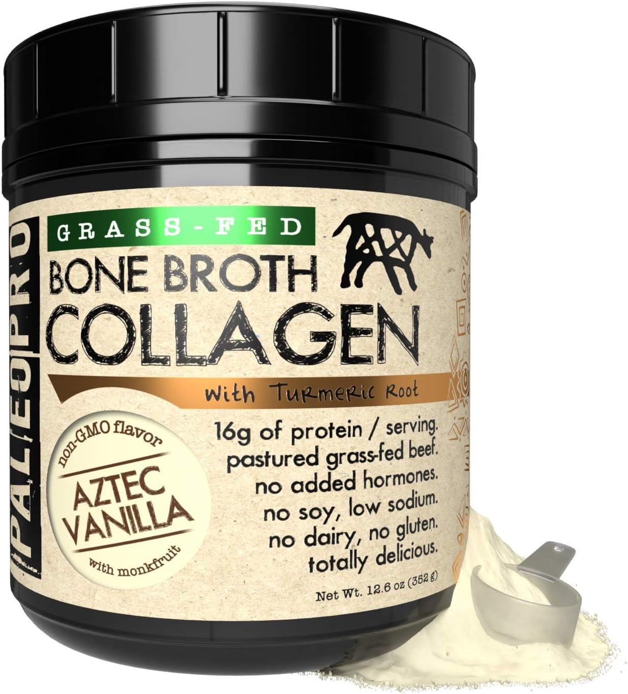 PaleoPro Bone Broth Collagen w/Turmeric Root (Aztec Vanilla) GrassFed