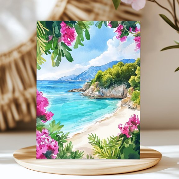 Paleokastritsa Beach Print, Corfu Greece Wall Art, Ionian Sea Print, Coastal Landscape Decor, Seaside Flowers Artwork, Summer Home Decor #226, Stretched Canvas Size 12x18