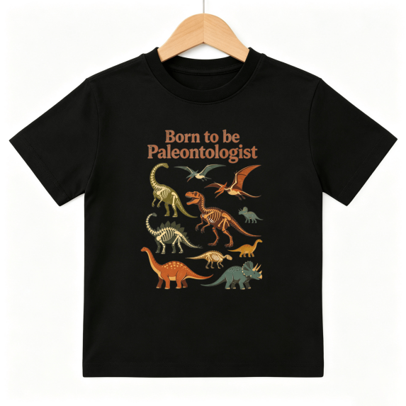 Paleontologist Dino Boys Graphic Tee, Vintage Dinosaur Skeleton 100% Cotton Kids Short Sleeve T-Shirt