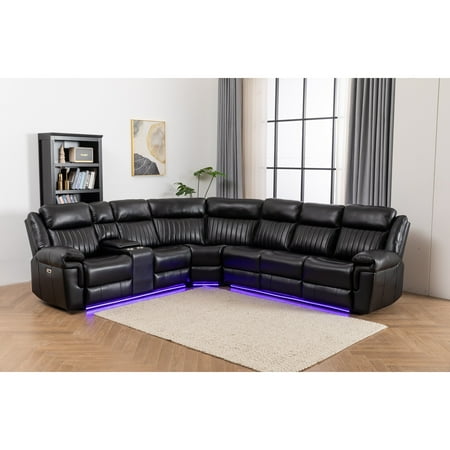 Paleremo Faux Leather Sectional with LED USB Speaker Wireless Charger in Black