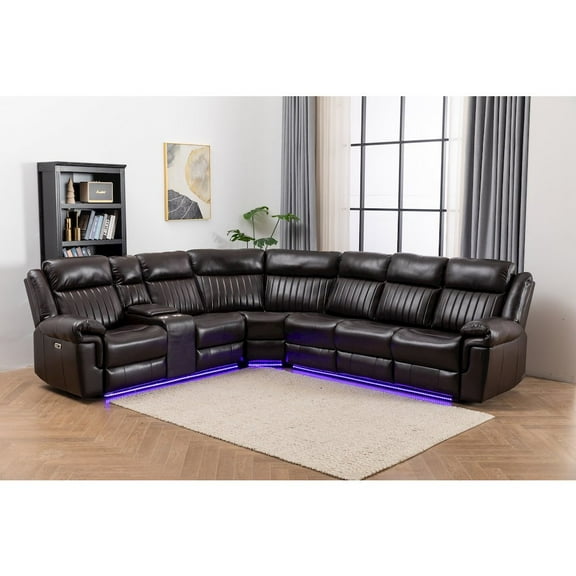 Paleremo Faux Leather Sectional with LED USB Speaker Wireless Charger in Brown